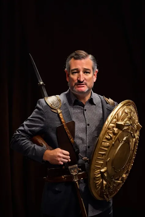 ted cruz <lora:senate_086_ted_cruz:0.65> , face closeup, face focus, shirt, formal, suit, collared shirt, white shirt, jacket,
Wearing gladiator armor, standing in a Roman-style coliseum, holding a sword and shield with the Senate emblem on it,
best quality, masterpiece, HDR, professional, studio quality, highres,