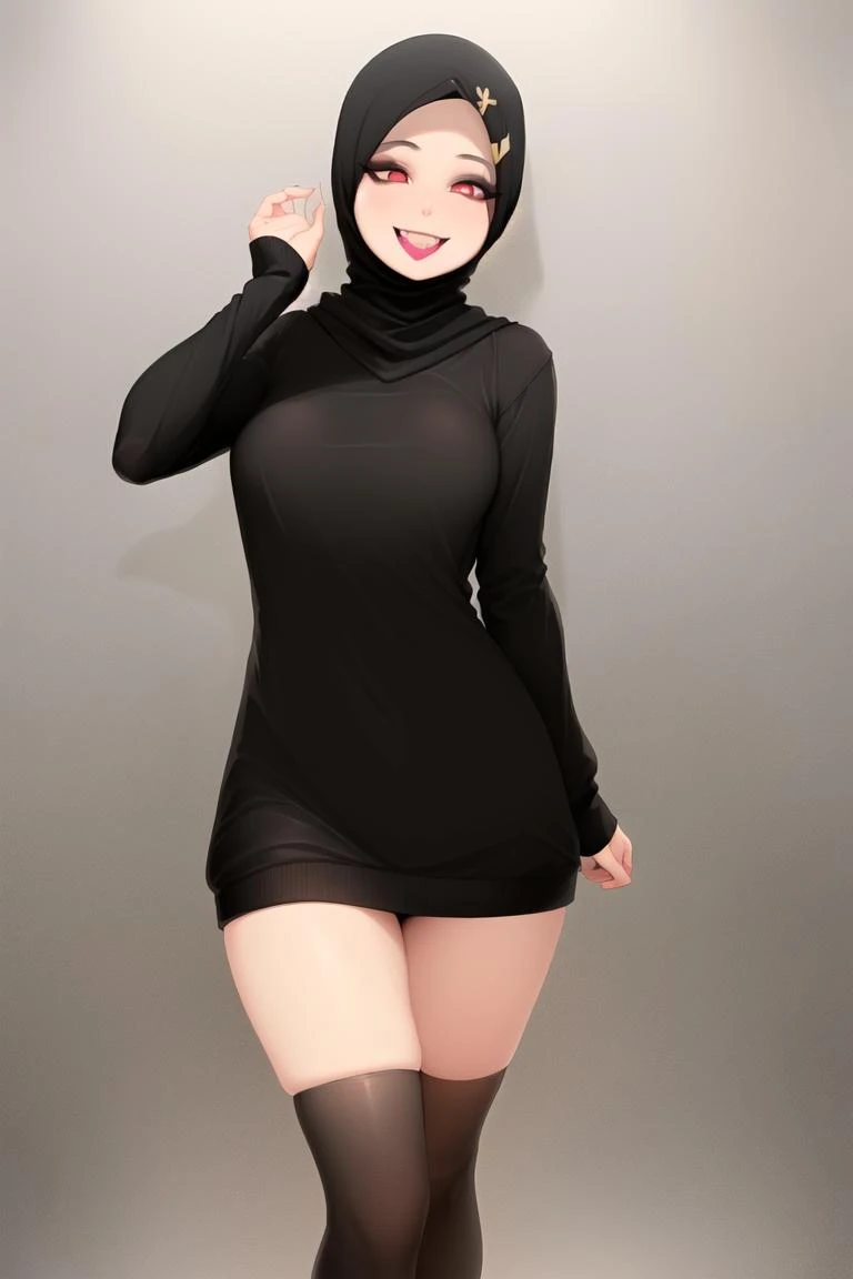 masterpiece, best quality, detail, hijabolic, 1girl, solo, scarf, black scarf, black thighhighs, tongue, red eyes, goth, goth style, breasts, hair ornament, jewelry, standing, dress, eyeshadow, panties, underwear, black sweater, medium breasts, looking at viewer, smile, black lipstick, <lora:hijabolic-20_v3:0.9>