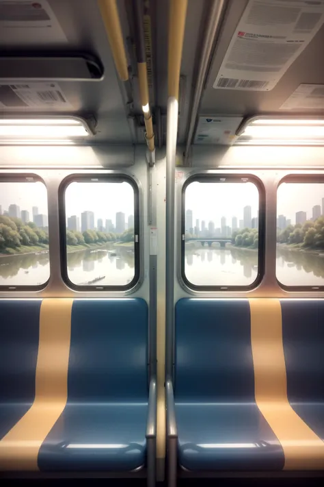 A photograph of the inside of a subway train. There are frogs sitting on the seats. One of them is reading a newspaper. The window shows the river in the background.