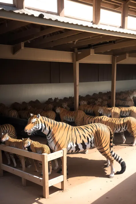 a horse corral with tigers standing in each stall
