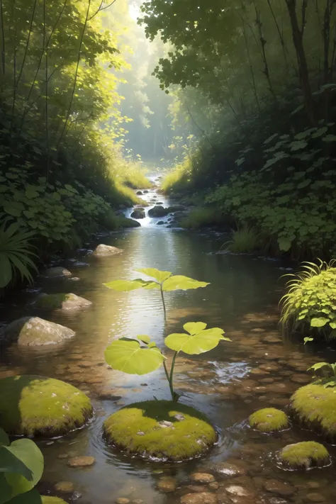 a plant at the bottom of a shallow stream