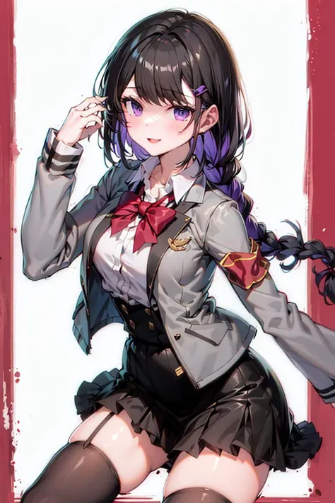 1girl,highres, high quality, masterpiece, dynamic pose, dynamic angle, smile, breasts,mxmkUma,grey jacket,open jacket,red bowtie,white shirt, hairclip,purple eyes,braid,black skirt, red armband,black thighhighs
