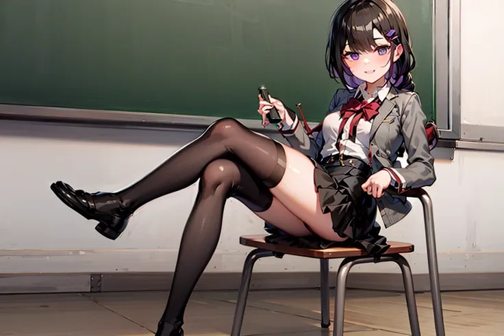 1girl,highres, high quality, masterpiece, mxmkUma,grey jacket,open jacket,red bowtie, hairclip,purple eyes,braid,black skirt, red armband,black thighhighs, full body, smile, classroom,foot focus, sitting , crossed legs,