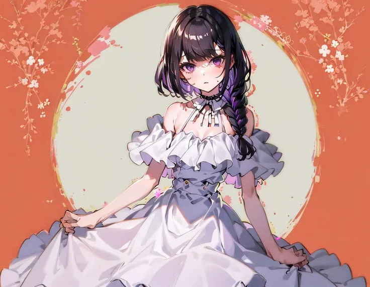 1girl,highres, high quality, masterpiece, mxmkWhiteDress, bare shoulder, purple eyes, white dress, braid