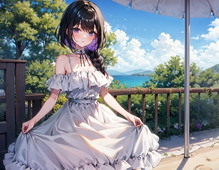 1girl,highres, high quality, masterpiece, mxmkWhiteDress, bare shoulder, purple eyes, white dress, braid, chocker, beach