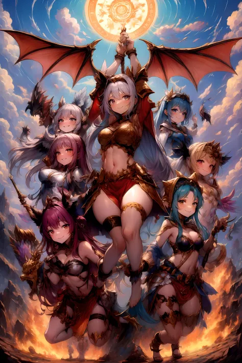 full body,meatshield style and onarmor skewers style and multiple dragon girls and angel wings,wearing armor,suspension,Smile, feet in air,(masterpiece,best quality), bound,restrained,arms up, arms behind head,legs spread,wearing metal shoes,<lora:detail_slider_v4:1> <lora:meatshield style_V1:1> meatshield style,meatshield style and onarmor skewers style and multiple girls, sky background ,Cloud background, sun, huge magic circle behind the girls,