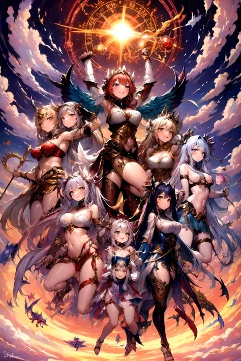 full body,meatshield style and onarmor skewers style and multiple dragon girls and angel wings,wearing armor,suspension,Smile, feet in air,(masterpiece,best quality), bound,restrained,arms up, arms behind head,legs spread,wearing metal shoes,<lora:detail_slider_v4:1> <lora:meatshield style_V1:1> meatshield style,meatshield style and onarmor skewers style and multiple girls, sky background ,Cloud background, sun, huge magic circle behind the girls,