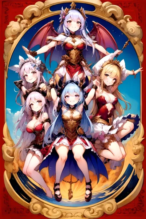 full body,meatshield style and onarmor skewers style and multiple dragon girls and angel wings,wearing armor,suspension,Smile, feet in air,(masterpiece,best quality), bound,restrained,arms up, arms behind head,legs spread,wearing metal shoes,<lora:detail_slider_v4:1> <lora:meatshield style_V1:1> meatshield style,meatshield style and onarmor skewers style and multiple girls, sky background ,Cloud background, sun, huge magic circle behind the girls,