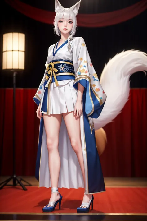 8k,highres,absurdres,masterpiece,best quality,original,extremely detailed CG,extremely detailed wallpaper,perfect lighting,<lyco:GoodHands-beta2:1>,
1girl,solo,blurry_background,looking_at_viewer,standing on the stage,
<lora:Shinano:0.6>,Shinano,fox girl,white hair,blue-kimono-skirt,white skirt,