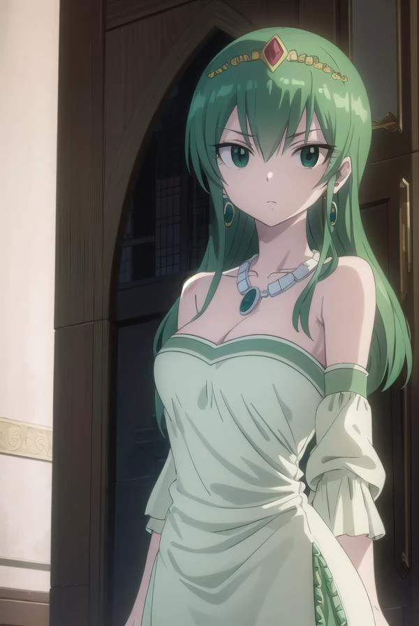 hisui, <lyco:hisui-lyco-nochekaiser:1>,
hisui, long hair, (green eyes:1.5), green hair, hair between eyes,
BREAK dress, cleavage, bare shoulders, jewelry, earrings, necklace, tiara, crown,
BREAK looking at viewer, full body, (cowboy shot:1.5),
BREAK indoors, castle,
BREAK <lyco:GoodHands-beta2:1>, (masterpiece:1.2), best quality, high resolution, unity 8k wallpaper, (illustration:0.8), (beautiful detailed eyes:1.6), extremely detailed face, perfect lighting, extremely detailed CG, (perfect hands, perfect anatomy),