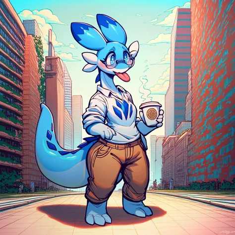 score_9, score_8_up, score_7_up, source_furry, score_safe, full-body portrait, female, anthro chillet, dark blue diamond chest markings, shirt, pants, holding a cup of coffee, standing, glasses, white arm, white legs, cheek tuft, blue body, white hands, blue eyes, blush, bodily fluids, tongue, scalie, glistening body, (detailed background, amazing_background, skyscraper, city, park, fountain)