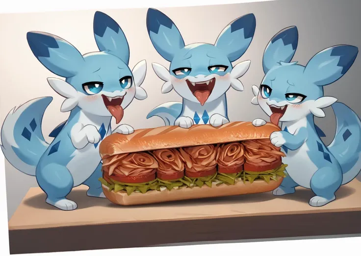 score_9, score_8_up, score_7_up, score_6_up, score_5_up, score_4_up, feral chillet licking a sandwich, tongue, freshcock, eatfresh, blue body, full body, show accurate, cute, dark blue diamond chest markings, efficacious, bedroom eyes, photo background, brilliant<lora:chillet-v3e10:1>,<lora:EatfreshPDXL:1>