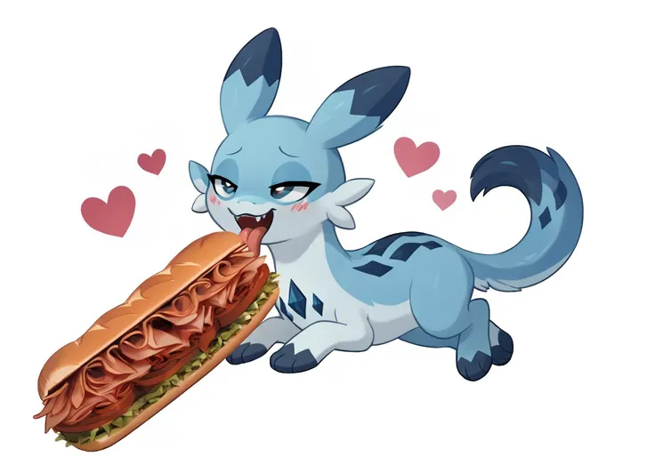 score_9, score_8_up, score_7_up, score_6_up, score_5_up, score_4_up, feral chillet licking a sandwich, tongue, freshcock, eatfresh, behaving like a cat, blue body, full body, show accurate, cute, dark blue diamond chest markings, unconventional, bedroom eyes, heart background, tangible<lora:chillet-v3e10:1>,<lora:EatfreshPDXL:1>