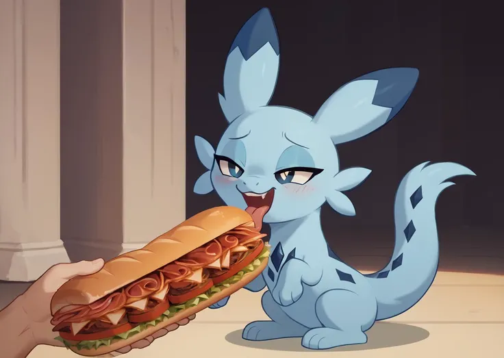 score_9, score_8_up, score_7_up, score_6_up, score_5_up, score_4_up, feral chillet licking a sandwich, tongue, freshcock, eatfresh, behaving like a cat, blue body, full body, show accurate, cute, dark blue diamond chest markings, exceptional, bedroom eyes, background text, freelance<lora:chillet-v3e10:1>,<lora:EatfreshPDXL:1>