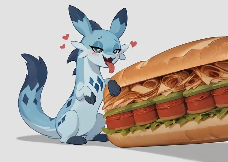 score_9, score_8_up, score_7_up, score_6_up, score_5_up, score_4_up, feral chillet licking a sandwich, tongue, freshcock, eatfresh, behaving like a cat, blue body, full body, show accurate, cute, dark blue diamond chest markings, abhorrent, bedroom eyes, transparent background, potent<lora:chillet-v3e10:1>,<lora:EatfreshPDXL:1>