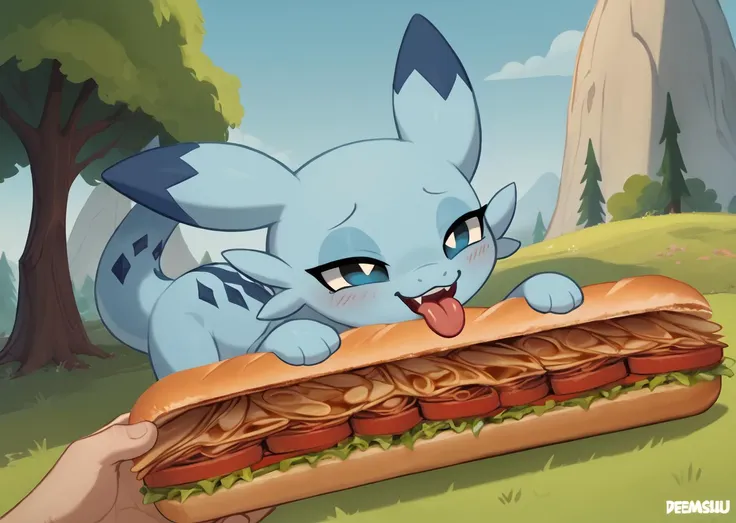 score_9, score_8_up, score_7_up, score_6_up, score_5_up, score_4_up, feral chillet licking a sandwich, tongue, freshcock, eatfresh, behaving like a cat, blue body, full body, show accurate, cute, dark blue diamond chest markings, giant, bedroom eyes, background text, nutty<lora:chillet-v3e10:1>,<lora:EatfreshPDXL:1>