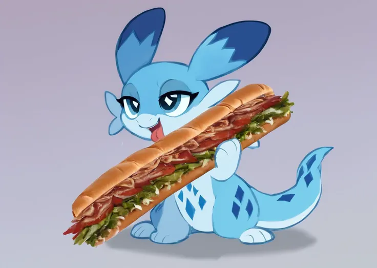 score_9, score_8_up, score_7_up, score_6_up, score_5_up, score_4_up, feral chillet licking a sandwich, tongue, freshcock, eatfresh, behaving like a cat, blue body, full body, show accurate, cute, dark blue diamond chest markings, unadvised, bedroom eyes, zoom layer, saturated<lora:chillet-v3e10:1>,<lora:EatfreshPDXL:1>