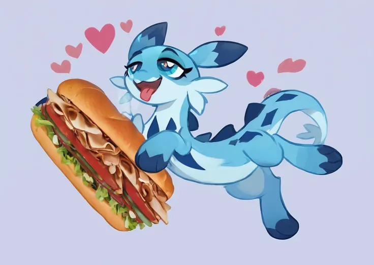 score_9, score_8_up, score_7_up, score_6_up, score_5_up, score_4_up, feral chillet licking a sandwich, tongue, freshcock, eatfresh, behaving like a cat, blue body, full body, show accurate, cute, dark blue diamond chest markings, unconventional, bedroom eyes, heart background, tangible<lora:chillet-v3e10:1>,<lora:EatfreshPDXL:1>