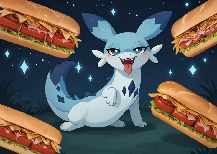 score_9, score_8_up, score_7_up, score_6_up, score_5_up, score_4_up, feral chillet licking a sandwich, tongue, freshcock, eatfresh, behaving like a cat, blue body, full body, show accurate, cute, dark blue diamond chest markings, lush, bedroom eyes, starry background, epic<lora:chillet-v3e10:1>,<lora:EatfreshPDXL:1>