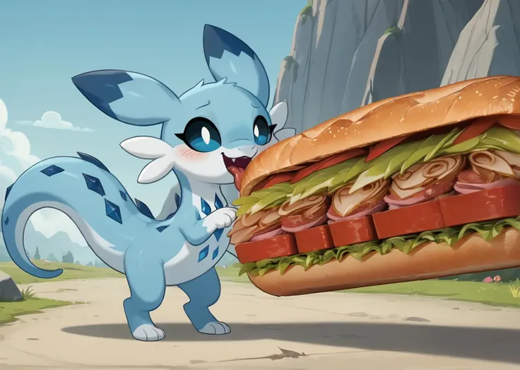 score_9, score_8_up, score_7_up, score_6_up, score_5_up, score_4_up, feral chillet licking a sandwich, tongue, freshcock, eatfresh, blue body, full body, show accurate, cute, dark blue diamond chest markings, emergent, bedroom eyes, photo background, shiny<lora:chillet-v3e10:1>,<lora:EatfreshPDXL:1>