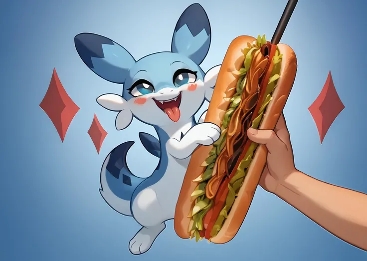 score_9, score_8_up, score_7_up, score_6_up, score_5_up, score_4_up, feral chillet licking a sandwich, tongue, freshcock, eatfresh, behaving like a cat, blue body, full body, show accurate, cute, dark blue diamond chest markings, superficial, bedroom eyes, flag background, clockwork<lora:chillet-v3e10:1>,<lora:EatfreshPDXL:1>