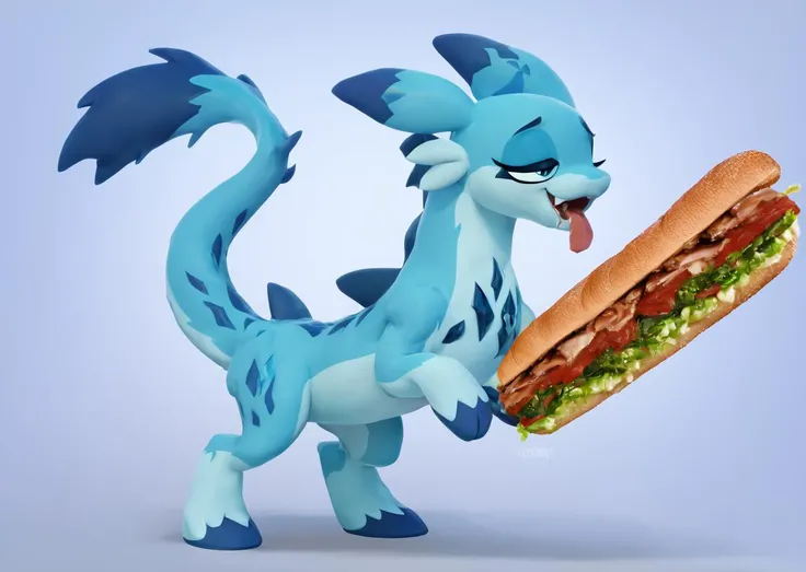 score_9, score_8_up, score_7_up, score_6_up, score_5_up, score_4_up, feral chillet licking a sandwich, tongue, freshcock, eatfresh, full body, show accurate, dark blue diamond chest markings, rickety, bedroom eyes, needy, text background, shiny<lora:chillet-v3e10:1>,<lora:EatfreshPDXL:1>