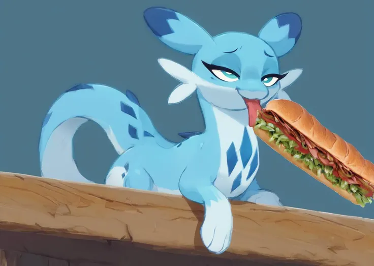 score_9, score_8_up, score_7_up, score_6_up, score_5_up, score_4_up, feral chillet licking a sandwich, tongue, freshcock, eatfresh, blue body, full body, show accurate, cute, dark blue diamond chest markings, instinctive, bedroom eyes, mountains background, fresh<lora:chillet-v3e10:1>,<lora:EatfreshPDXL:1>