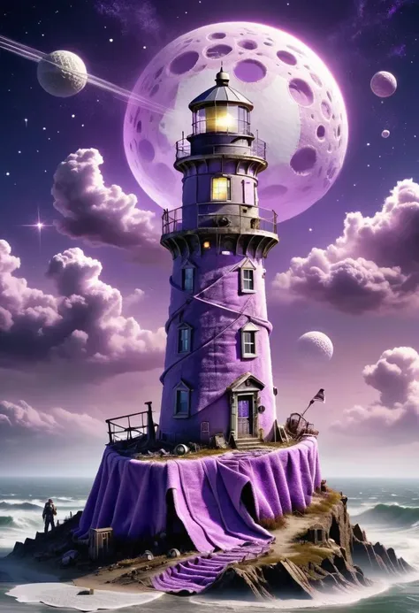 DonMT0w31XL towel, post-apocalyptic wasteland astronomer,lighthouse,summit view, purple <lora:DonMT0w31XL-000010:1>