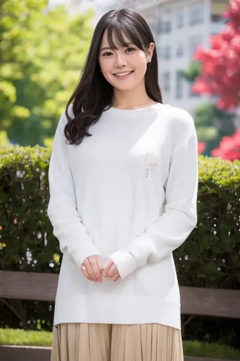 1girl, (wearing a casual clothes:1.6),(RAW photo, best quality), (realistic, photo-realistic:1.4), masterpiece, an extremely delicate and beautiful, extremely detailed, 2k wallpaper, Amazing, finely detail, extremely detailed CG unity 8k wallpaper, ultra-detailed, highres, soft light, beautiful detailed girl, extremely detailed eyes and face, beautiful detailed nose, beautiful detailed eyes,cinematic lighting,(in the park:1.6),perfect anatomy,slender body,(smile:1.4),(young girl:1.4),(close up:0.6),(look at viewer:1.4),(front view:2.0),cinematic angle,(wavy long hair:1.2),standing,(cleavage:1.4),(brown eyes:1.6), <lora:kousakasaki_lora-03:0.8>