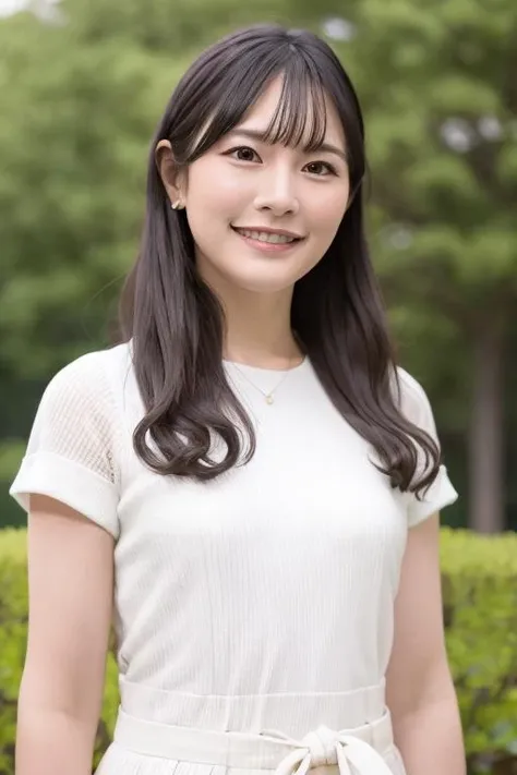 1girl, (wearing a casual clothes:1.6),(RAW photo, best quality), (realistic, photo-realistic:1.4), masterpiece, an extremely delicate and beautiful, extremely detailed, 2k wallpaper, Amazing, finely detail, extremely detailed CG unity 8k wallpaper, ultra-detailed, highres, soft light, beautiful detailed girl, extremely detailed eyes and face, beautiful detailed nose, beautiful detailed eyes,cinematic lighting,(in the park:1.6),perfect anatomy,slender body,(smile:1.4),(young girl:1.4),(close up:0.6),(look at viewer:1.4),(front view:2.0),cinematic angle,(wavy long hair:1.2),standing,(cleavage:1.4),(brown eyes:1.6), <lora:kousakasaki_lora-03:0.8>