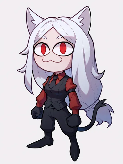 score_9, score_8_up, score_7_up, BREAK, 1girl, necoarc, cat ears,
cerberus \(helltaker\), white hair, long hair, red eyes, dog ears, red shirt, arm garter, black gloves, black necktie, black pants, black vest, necktie, demon girl,
standing, chibi, slit pupils, solo, full body, white background <lora:necoarc-guy-PONY-v1:1>   <lora:CerberusXL:0.8>