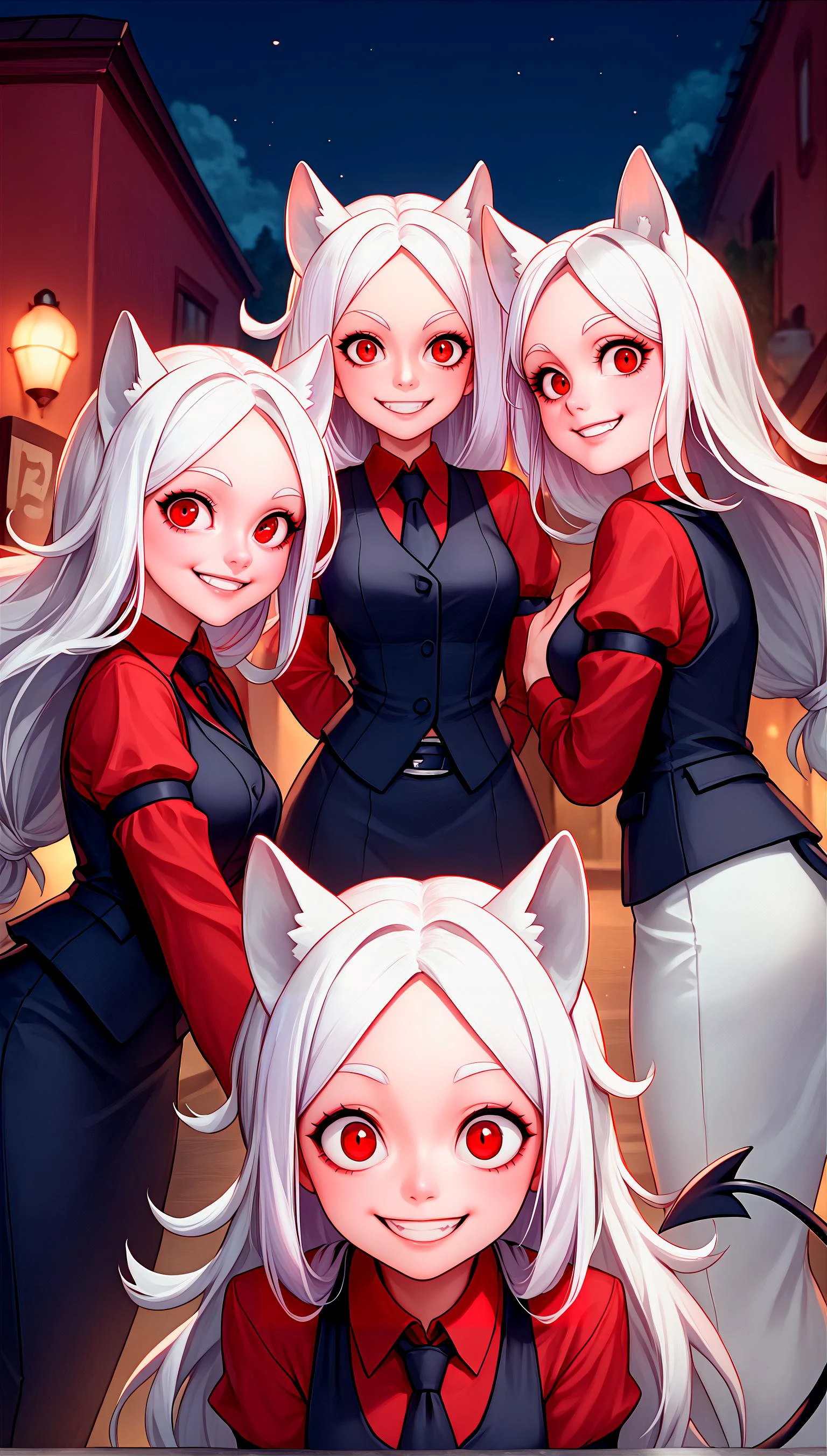 score_9, score_8_up, score_7_up, source_anime, 1girl,
in a hostess club, dark,night, smile, <lora:CerberusXL:0.8> cerberus \(helltaker\), dog ears, long hair, white hair, triplets, 3girls, red eyes, smile, looking at viewer, red shirt, vest, necktie, demon tail, black vest, arm garter