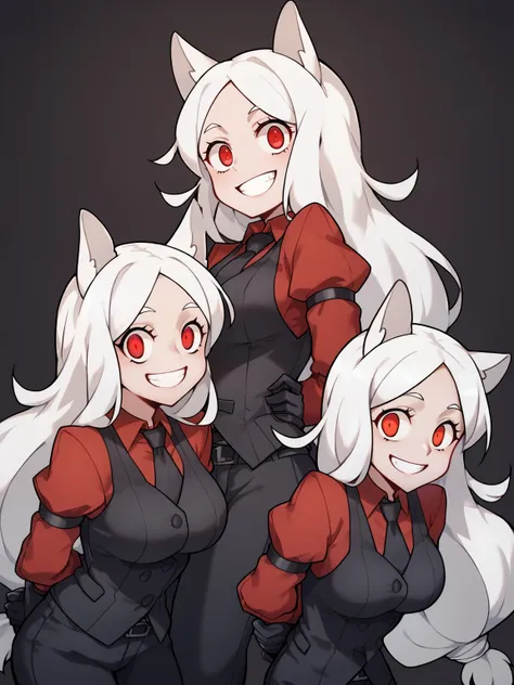 score_9, score_8_up, score_7_up, score_6_up, score_5_up, score_4_up, BREAK, source_cartoon, source_anime,  3girls, cerberus \(helltaker\), white hair, long hair, red eyes, dog ears, red shirt,  arm garter, black gloves, black necktie, black pants, black vest, necktie, demon girl,
smile, arms behind back, looking at viewer, simple background
<lora:CerberusXL:1>