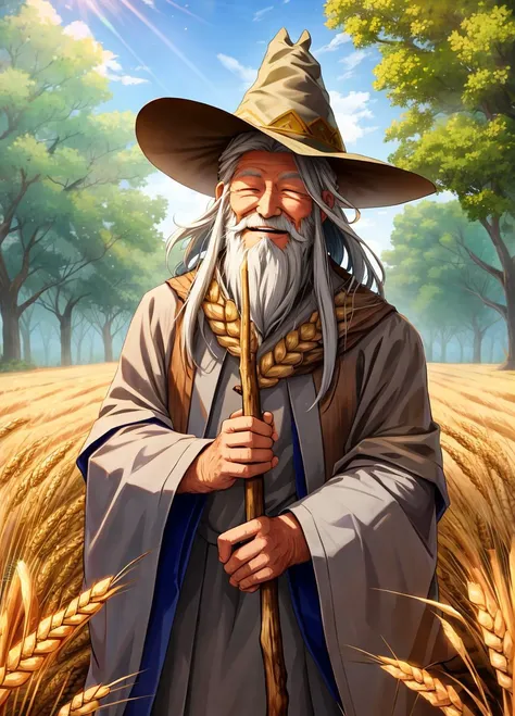 old man holding wooden staff made of tree root, grey robe, smile, closed eyes, sunlight, wheat field, grey wizard hat, long white beard and hair,