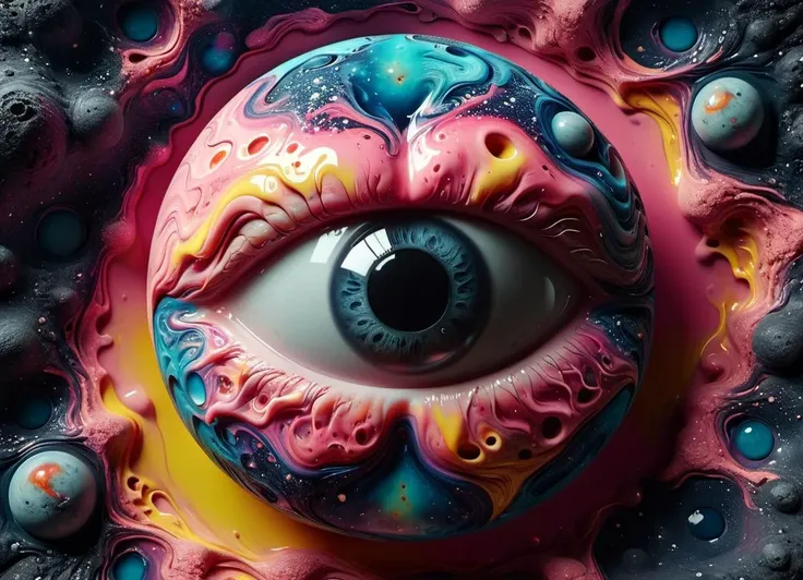 eye ball dimension merging with cosmic universe, wavy massive (watercolor:0.4) objects, ying yang, a (single:1.1) symmetrical to melting eyeball, geometric shapes, wavy tiles, by laurence caruana <lora:Lunar_Surface_SDXL:0.45> <lora:MJ52_XL:0.4> <lora:ral-melting-sdxl:0.6> ral-melting, subsurface scattering, ultra hd, 4k, high def, Photorealistic, Hyperrealistic, Hyper detailed, analog style, realistic, masterpiece, best quality, ultra realistic, 8k, Intricate, High Detail, film photography, soft lighting, heavy shadow, Ombre scheme of neon pink, neon blue, neon yellow, neon green