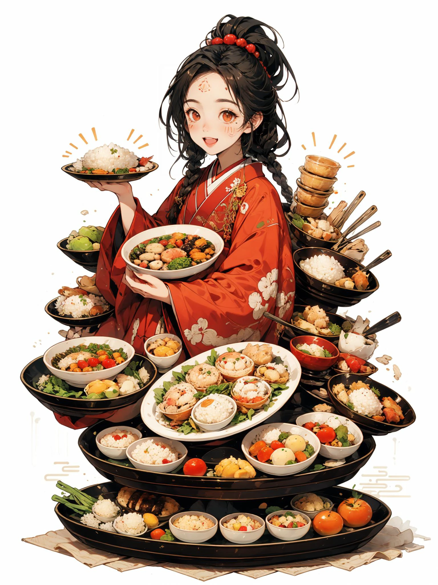HEZI, 1girl, food, holding, smile, bird, plate, solo, open mouth, bowl, braid, black hair, long hair, chicken, rice, :d, white background, long sleeves, wide sleeves, hair ornament, animal, brown eyes, holding food, japanese clothes, fruit, holding plate, vegetable, red kimono, sitting, tray, blush, kimono, simple background, egg, bangs, single braid, shrimp, red eyes, chicken \(food\), forehead mark, dumpling, facial mark, looking away, holding bowl, pom pom \(clothes\)<lora:çåç³»åââå货女å©:0.65>