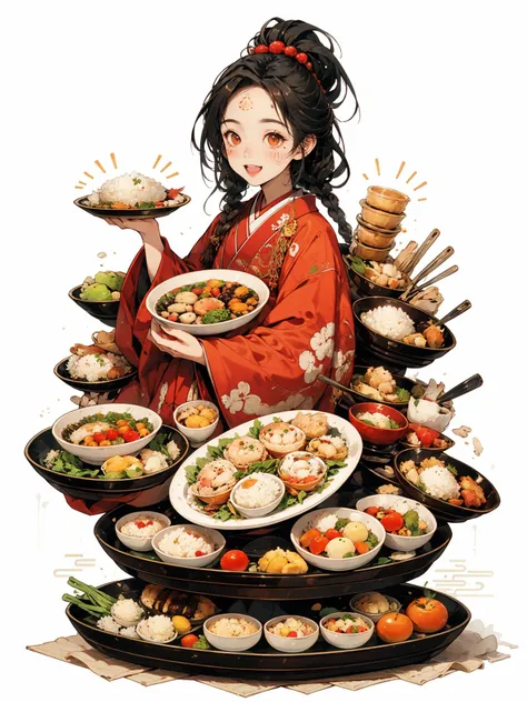 HEZI, 1girl, food, holding, smile, bird, plate, solo, open mouth, bowl, braid, black hair, long hair, chicken, rice, :d, white background, long sleeves, wide sleeves, hair ornament, animal, brown eyes, holding food, japanese clothes, fruit, holding plate, vegetable, red kimono, sitting, tray, blush, kimono, simple background, egg, bangs, single braid, shrimp, red eyes, chicken \(food\), forehead mark, dumpling, facial mark, looking away, holding bowl, pom pom \(clothes\)<lora:çå­ç³»åââåè´§å¥³å­©:0.65>