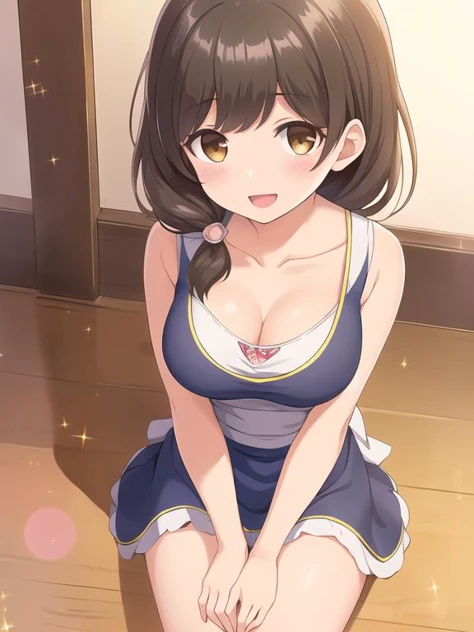 solo, 1girl, best quality, (masterpiece:1.2), highly detailed, (masterpiece), (illustration),
(w-sitting), hands between legs, from above,
nuke apron, collarbone, cleavage,
brown eyes, brown hair, eyebrows visible through hair, bangs, hair ornament, sparkle, lens flare, glint, medium breasts,
shy, blush, (looking at viewer), :d,
<lora:Haruna:0.7>