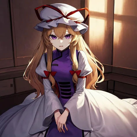 (masterpiece, best quality), <lora:yakumo_yukari:1> yakumo_yukari, ribbon, hat, mob cap, hat ribbon, dress, puffy sleeves, white headwear, under covers,
