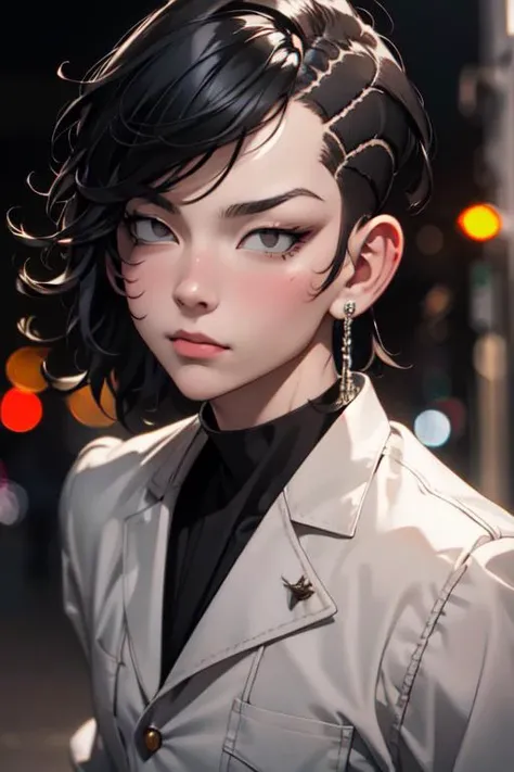 photorealistic, (4k), depth of field, (Masterpiece), (realistic skin texture), extremely detailed, intricate, hyper detailed, high resolution, professional photography, bokeh, depth of field, sharp detail, best quality, looking at viewer, 1boy, solo, male focus, <lora:hajime_kokonoi:0.78>, hajime_kokonoi, black hair, black eyes, short hair, bangs, , science fiction noir, High resolution