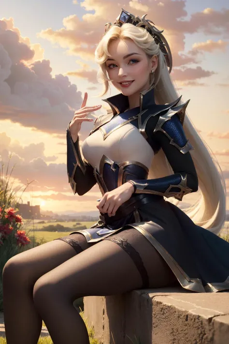 (Masterpiece:1.4), (best quality:1.2), <lora:EDG_Zoe-000021:1>, edg zoe, 1girl, mature female, heterochromia, short dress, black dress, pantyhose, very long hair, smile