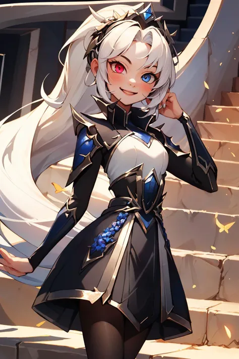 (Masterpiece:1.4), (best quality:1.2), <lora:EDG_Zoe-000021:1>, edg zoe, 1girl, heterochromia, short dress, black dress, pantyhose, smile