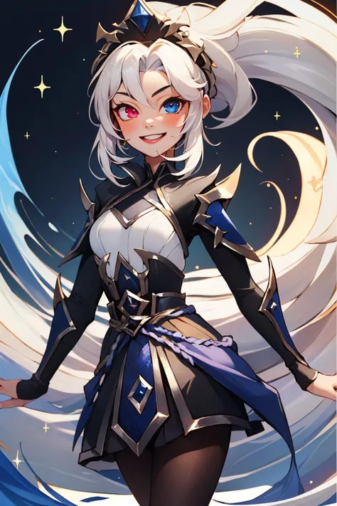 (Masterpiece:1.4), (best quality:1.2), <lora:EDG_Zoe-000021:1>, edg zoe, 1girl, heterochromia, short dress, black dress, pantyhose, smile