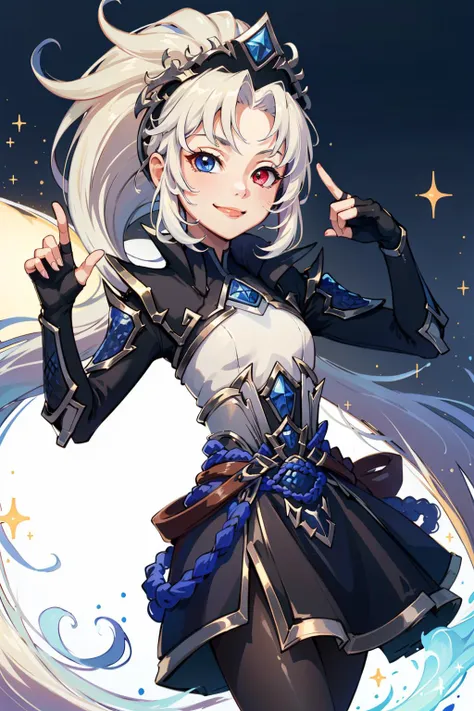 (Masterpiece:1.4), (best quality:1.2), <lora:EDG_Zoe-000021:1>, edg zoe, 1girl, heterochromia, short dress, black dress, pantyhose, very long hair, fingerless gloves, smile, closed mouth, upper body, potrait