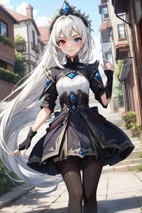 (masterpiece, best quality),  intricate details,
1girl,    <lora:EDG_Zoe:0.8> edg zoe, 1girl, heterochromia, short dress, black dress, pantyhose, very long hair, fingerless gloves,