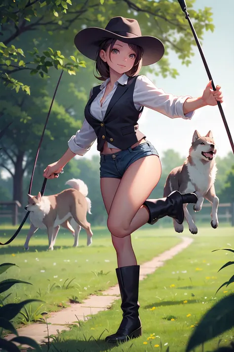 masterpiece, best quality,1girl,young girl,orange_salmon eyes,drill hair,happy smile,shiny skin,(nice leg line:1.3),thick thighs,thin waist,huge breasts
BREAK
Animal Trainer, Leather vest, long boots, and a wide-brimmed hat, An open field with tall grass, The animal trainer is training a pack of wolves, The animal trainer is commanding the wolves to perform various tricks, such as jumping through hoops and standing on their hind legs, The animal trainer has a serious expression on their face as they work to control the wild animals,landscape
BREAK
park,crowd,depth of field,looking at viewer,standing,from above,full body,legsupsexms