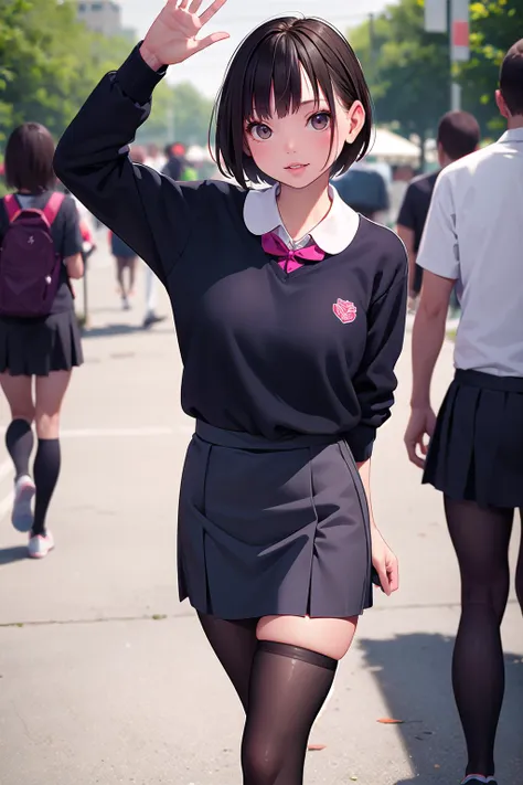 masterpiece, best quality,1girl,young girl,brown eyes,short hair,mesugaki smile,shiny skin,(nice leg line:1.3),thick thighs,thin waist,huge breasts
BREAK
school uniform,ribborn, ((pencil_skirt)),pantyhose,sneakers
BREAK
park,crowd,depth of field,looking at viewer,standing,from front,upper body,legsupsexms