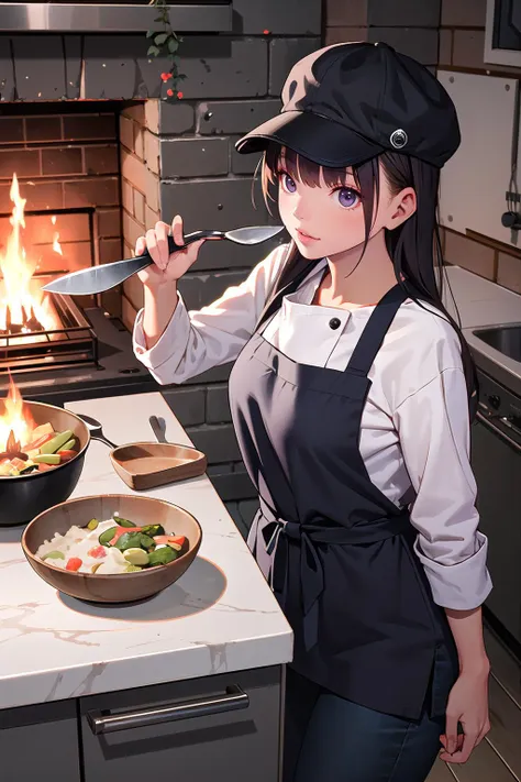 masterpiece, best quality,1girl,young girl,light_slate eyes,long hair,evil smile,shiny skin,(nice leg line:1.3),thick thighs,thin waist,huge breasts
BREAK
Cook, Cook, A white chef's coat with black buttons, black pants, black apron, and a white chef's hat, A large kitchen with stone walls, wooden countertops, and open fires, The cook is preparing a feast for a royal banquet, The cook is chopping vegetables with a large knife, while also overseeing pots on the fire and giving instructions to sous chefs, Focused and determined, with a hint of pride in their work,, Flowing_body_of_water,
BREAK
city,crowd,depth of field,looking at viewer,standing,from above,upper body,legsupsexms