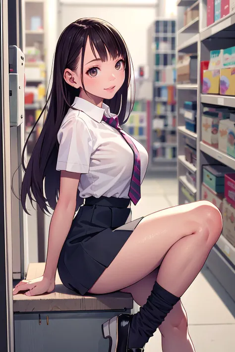 masterpiece, best quality,1girl,young girl,brown eyes,long hair,happy smile,shiny skin,(nice leg line:1.3),thick thighs,thin waist,huge breasts
BREAK
school uniform,necktie, ((pencil_skirt)),pantyhose,flat shoes
BREAK
store,crowd,depth of field,looking at viewer,standing,from side,upper body,legsupsexms