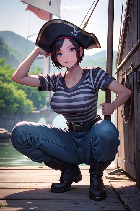 masterpiece, best quality,1girl,young girl,brass eyes,short hair,happy smile,shiny skin,(nice leg line:1.3),thick thighs,thin waist,huge breasts
BREAK
Pirate, Leather boots, ragged trousers, a striped shirt, a bandana, and a tricorn hat, A ship deck, Swashbuckling in a sword fight with a rival pirate, Leaping from the mast to attack, Ferocious determination,, Narrow_and_steep-sided_valley_with_a_stream_or_river,
BREAK
city,crowd,depth of field,looking at viewer,squatting,from front,upper body,legsupsexms